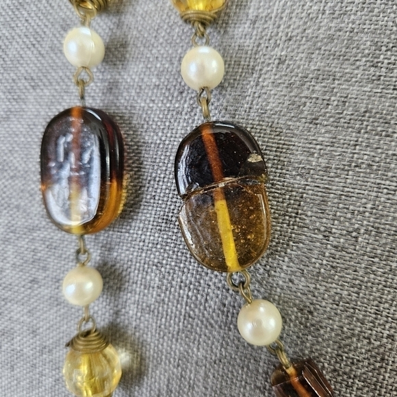 VINTAGE Amber Glass & Faux Pearl Double Strand Chunky Necklace - Picture 4 of 5